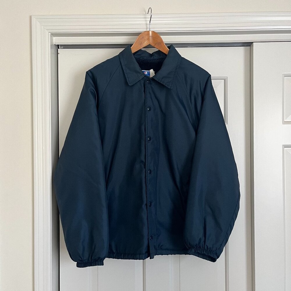 Vintage Blue Nylon Champion Fleece Lined Coach Baseball Snap Jacket Men's L
